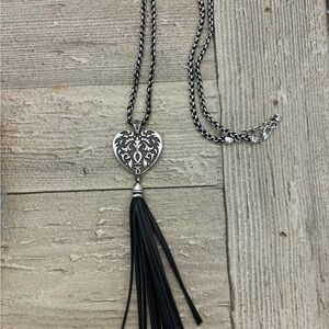 Brighton Silver and Black Heart Tassel Necklace